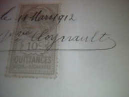 Vieux Papier Avec Timbre Fiscal De Quitance Recu Et Decharge Sur Lettre   Facial 10 Ct  Recu De1912  Oblitere A La Plume - Lettres & Documents