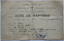 ACTE DE BAPTÊME, Eglise Paroissiale Ste-Marie à ST-ETIENNE (LOIRE) - Birth & Baptism