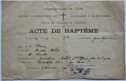 ACTE DE BAPTÊME, Eglise Paroissiale Ste-Marie à ST-ETIENNE (LOIRE) - Naissance & Baptême