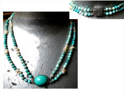 Ancien Collier Argent Turquoises Double Rang - Colliers/Chaînes