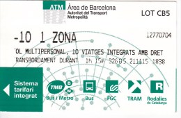 Spain , Barcelona   , Metro - Bus  - Autobus - Tram  Ticket  , 2015 - Europe