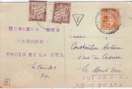 PUY DE DOME - MANGLIEU - T8 DU 26-5-1924 - SEMEUSE 5c - CARTE POSTALE AVEC TAXE 10c X 2. - 1859-1959 Cartas & Documentos