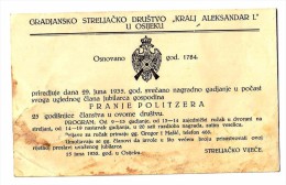 GRADJANSKO STRELJACKO DRUSTVO KRALJ ALEKSANDAR OSIJEK POZIVNICA, INVITATION 1935 SHOOTING CLUB RRARE - Tir à L'Arc