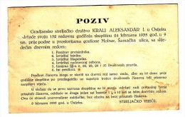 GRADJANSKO STRELJACKO DRUSTVO KRALJ ALEKSANDAR OSIJEK POZIVNICA, INVITATION 1935 SHOOTING CLUB RRARE - Tiro Con L'Arco