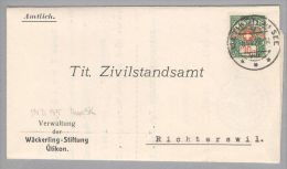 Heimat ZH Uetikon A.S. 1927-08-06 Portofreiheit-Brief Mit Zu#12A Gr#824 10 Rp. 4000 Stk - Franchise