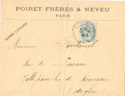 3420 PARIS Enveloppe à Entête Imprimé POIRET Frères Et Neveu 5c Blanc Vert Yv 111 Ob 10 51905 Papiers D'affaires - Briefe U. Dokumente