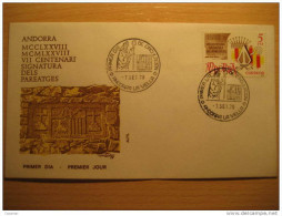 ANDORRA LA VELLA 1978 VII Centenari Signatura Dels Pareatges SPD FDC Sobre Cover Andorre - Covers & Documents