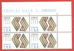 ITALIA REPUBBLICA MNH QUARTINA - 1990 - Centenario Della Morte Di Aurelio Saffi - £ 700 X 4 - S. 1931 - 1981-90: Ungebraucht