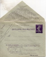 France Entier Postal Enveloppe Pneumatique 30c Violet Type Semeuse - Rohrpost