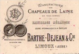 VP2960 - CDV - Carte De Visite - Manufacture De Chapeaux De Laine BARTHE - DEJEAN & Cie à LIMOUX - Cartes De Visite