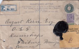 GREAT BRITAIN. 1920 REGISTERED LETTER. HYTHE FREIBURG GERMANIE. WAX SEALS GERMAN  ÜBERWACHUNGS/  4319 - Other & Unclassified