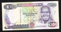 ZAMBIA ZAMBIE P34  100 KWACHA  1991  #AA0-----   FIRST PREFIX  Signature 9  UNC - Sambia