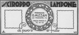 03972 "SCIROPPO LAMPONE - DI PURO FRUTTO - FARMACIA G. MIZZAN - TRIESTE - 1928"  ETICHETTA ORIG.-ORIGINAL LABEL - Frutta E Verdura