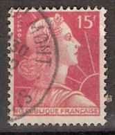 Timbre France Y&T N°1011 (08) Obl.  Marianne De Muller.  15 F. Rose Carminé. Cote 0,15 € - 1955-1961 Marianne De Muller