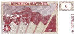 SLOVENIA 5 TOLARJEV  LIGHT BROWN MOUNTAINS LANDSCAPE FRONT  MOTIF BACK  DATED 1990 P.3 UNC  READ DESCRIPTION - Slovénie