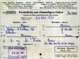 Chemins De Fer BERNE - LÔTSCHBERG - SIMPLON - Freischein Zur Einmaligen Fahrt - 3e Classe (1951) - Chemin De Fer