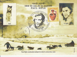 37909- PAUL SIPLE ANTARCTIX EXPEDITION, DOG, SLEIGH, SPECIAL POSTCARD, 2008, ROMANIA - Spedizioni Antartiche