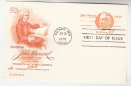 1978 Quincy  USA Postal STATIONERY CARD (orange) FDC Illus JOHN HANCOCK  CONTINENTAL CONGRESS Stamps Cover - 1961-80