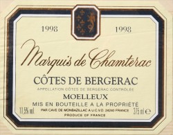 ETIQUETTE De VIN " CÔTES De BERGERAC 1998 " - Marquis De Chamterac Moëlleux 11,5° - Décollée Bon Etat  - - Bergerac