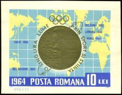 1964 Olympic Medals Imperforated Souvenir Sheet,Romania,Mi.Bl 59,MNH - Unused Stamps