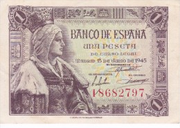 BILLETE DE ESPAÑA DE 1 PTA DEL 15/06/1945 ISABEL LA CATÓLICA SERIE I CALIDAD EBC+ (XF) (BANK NOTE) - 1-2 Peseten