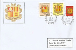 Lettre Avec Nouveaux Blasons D'Andorre, Inclus Autocollant, Adressée En Espagne - Storia Postale