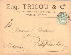 3429 PARIS Enveloppe à Entête Imprimé Eug. TRICOU  5c Blanc Vert Yv 111 Ob 1902 - Covers & Documents