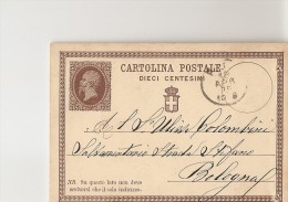 V-CARTOLINA POSTALE DIECI CENTESIMI-VIAGGIATA 1875 DA PISA X BOLOGNA - Stamped Stationery