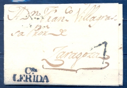 1825 , LÉRIDA , CARTA CIRCULADA A ZARAGOZA , TIZÓN Nº 9 , FECHADOR DE LLEGADA Nº 39 AL DORSO. - ...-1850 Prephilately