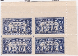 REP-18 CUBA REPUBLICA REVENUE. MATANZAS LOCAL STAMP. 5c BLOCK 4 PERFORATED. - Impuestos