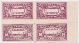 REP-19 CUBA REPUBLICA REVENUE. MATANZAS LOCAL STAMP. 10c BLOCK 4 TETE BECHE IMPERFORATED. - Postage Due