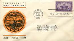 1938  Iowa Territory Centennial  Sc 838  Des Moines IO Cancel - 1851-1940