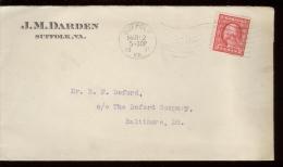 WASHINGTON - RED 2c  ON 1913 J.M. DARDEN  ENVELOPE  FROM SUFFOLK TO  BALTIMORE - Covers & Documents