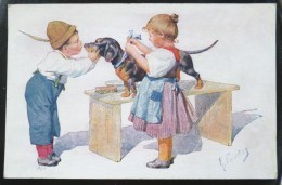 CP Litho  Illustrateur FEIERTAG B.K.W.I. BKWI 946 ENFANT Fille Garcon Toilette Chien Teckel Basset Voyagé 1924 - Feiertag, Karl