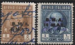 2 Vignettes Africa Italiana Marca Da Bollo Oblitérées,  Surchargés B.M.A. Et  5 Et 10 M.A.L. - Other & Unclassified