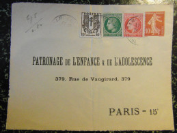 1945 Lettre (devant) ENTIER POSTAL : PATRONAGE De L´ENFANCE Et ADOLESCENCE Semeuse 10c + Chaine Brisée + Mazelin - Overprinted Covers (before 1995)