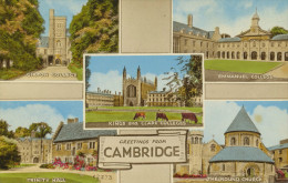 CAMBRIDGE - Old Multiview Postcard. Girton, Kings, Clare & Emmanuel Colleges, Round Church & Trinity Hall - Cambridge