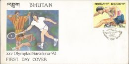 Bhutan First Day Cover XXV Olympiad Barcelona 92, Badminton, Archery, Thimphu 1992 - Badminton