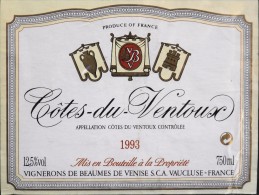 ETIQUETTE De VIN " CÔTES Du VENTOUX 1993 " - Vignerons De Baumes De Venise 12,5° - 75cl - Décollée Bon Etat  - - Côtes Du Ventoux