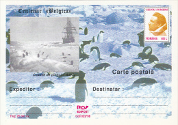 38356- PENGUINS, SHIP, HENRI SOMERS, BELGICA ANTARCTIC EXPEDITION, POSTCARD STATIONERY, 1998, ROMANIA - Expediciones Antárticas