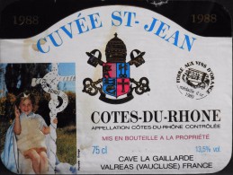 ETIQUETTE De VIN " CÔTES Du RHÔNE 1988 " - Cuvée St-Jean 13,5° - 75cl - Décollée Bon Etat  - - Côtes Du Rhône
