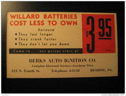 Reading 1936 Willard Batteries Berks Auto Advertising Publicity Comercial Private Postal Stationery Card USA - 1921-40