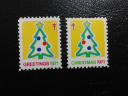 1971 2 Different Simetrical Vignette Christmas Seals Seal Poster Stamp USA - Unclassified