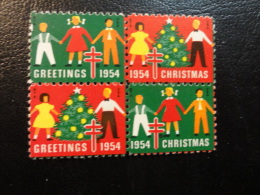 1954 4 Bloc Simetrical Combination Vignette Christmas Seals Seal Poster Stamp USA - Non Classés