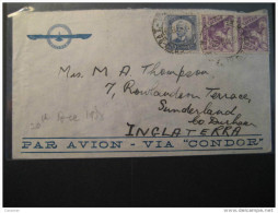 1938 Par Avion VIA CONDOR To Sunderland England UK GB 3 Stamp On Air Mail Cover BRASIL BRAZIL - Poste Aérienne (Compagnies Privées)