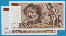 FRANCE LOT 2 X 100 FRANCS 1994 DELACROIX SERIE F.261 No CONSECUTIFS - 100 F 1978-1995 ''Delacroix''