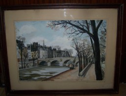 Gouaches Le Pont Marie Et Ile St Louis Quai Bourbon Paris Signée M Sicard  1942 - Waterverf