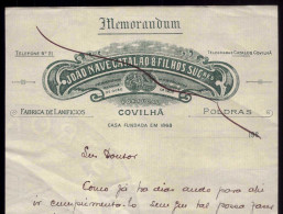 Papel Memorandum Timbrado FABRICA De LANIFICIOS João Nave Catalão POLDRAS - COVILHÃ - PORTUGAL 1920 - Portugal