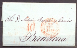 1844 , CANTABRIA , D.P. 9 , CARTA CIRCULADA ENTRE SANTANDER Y  BARCELONA , BAEZA EN ROJO TIPO 1 - ...-1850 Vorphilatelie