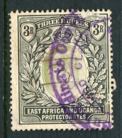 East Africa & Uganda Protectorates 1903-04 KEVII - 3r Green & Black - Wmk. Crown CC - Fiscally Used (SG 11) - Punched - Protectorados De África Oriental Y Uganda